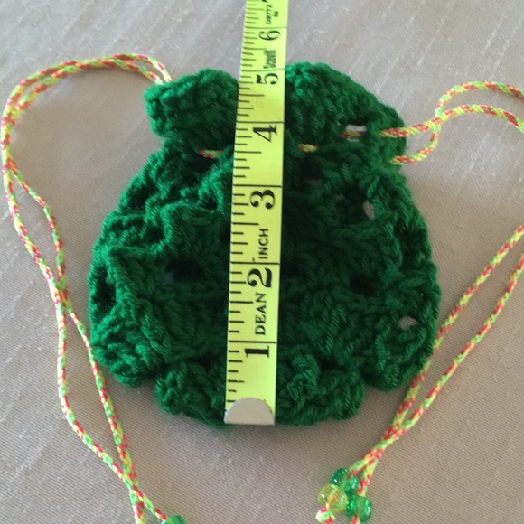 Hand Crafted Shamrock Bag Green Crochet with Yellow Drawstrings - Picture 4 of 9